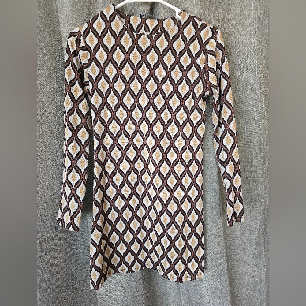 Zara Jacquard Knit Brown Geometric Retro Print Mini Shift Dress Size Small